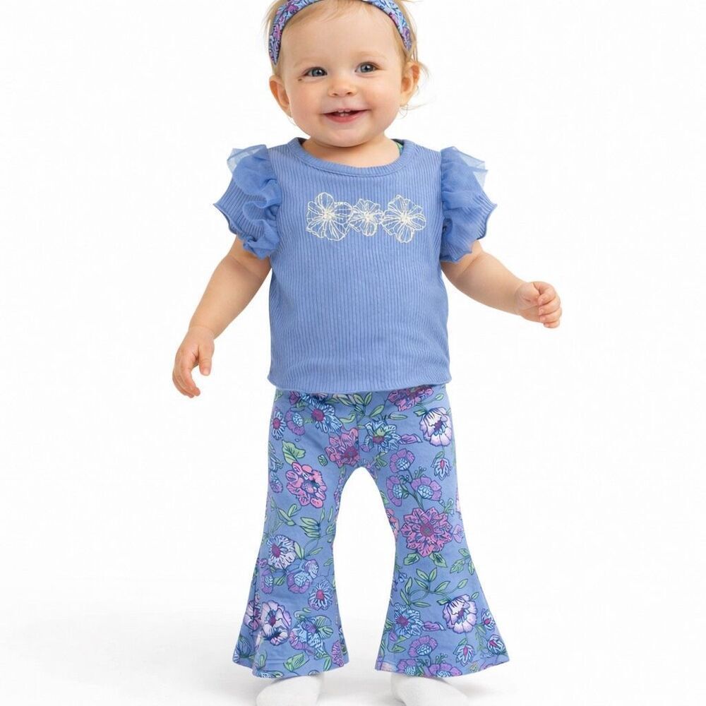 Btween Baby 3pc Floral Bell Bottom Outfit Blue Ruffle Top Leggings Headband 12M